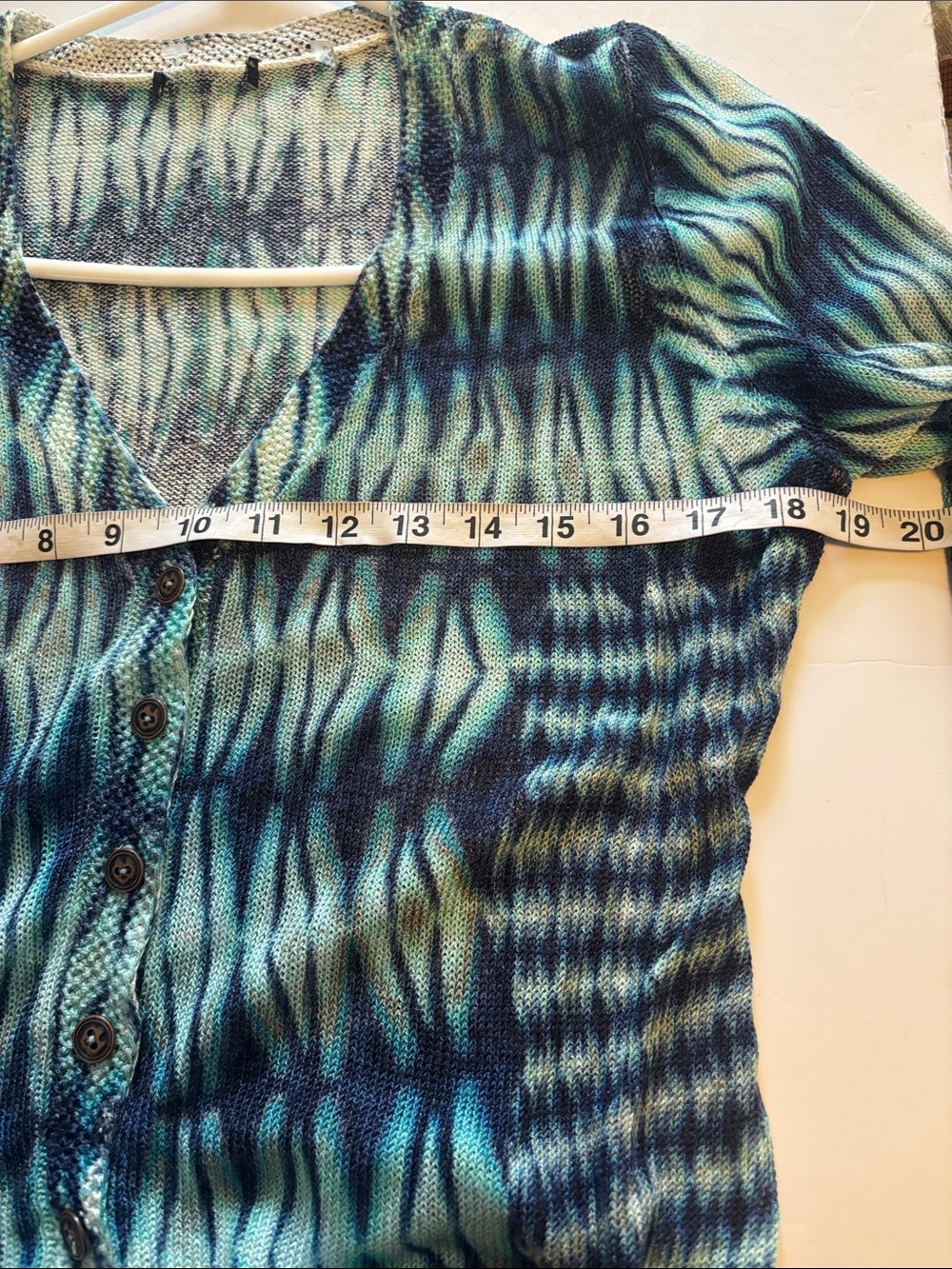 BLUE AND GREEN OPEN KNIT BUTTON DOWN SWEATER LINEN AND VISCOSE LIGHT WEIGHT - Picture 6 of 8